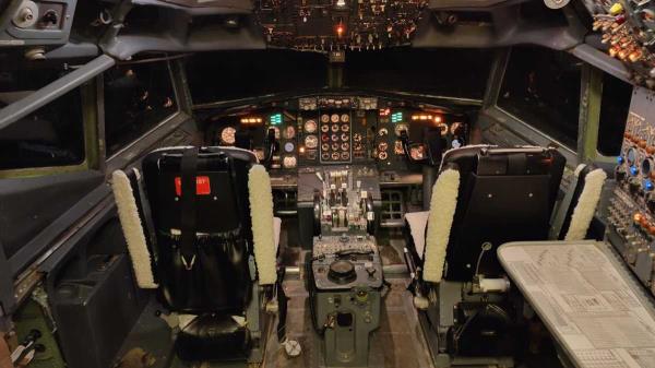 view of the pre-lit cockpit at night